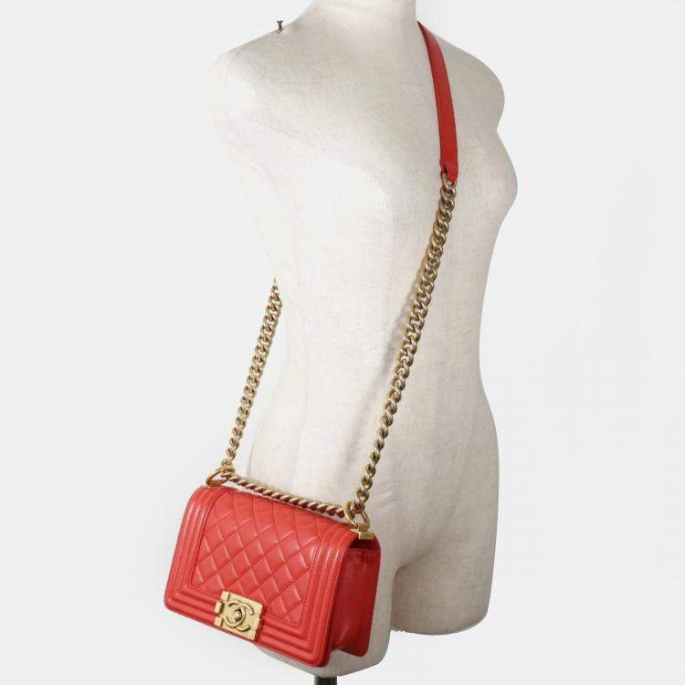 Pre Owned Chanel Red Leather Small Boy Shoulder Bag