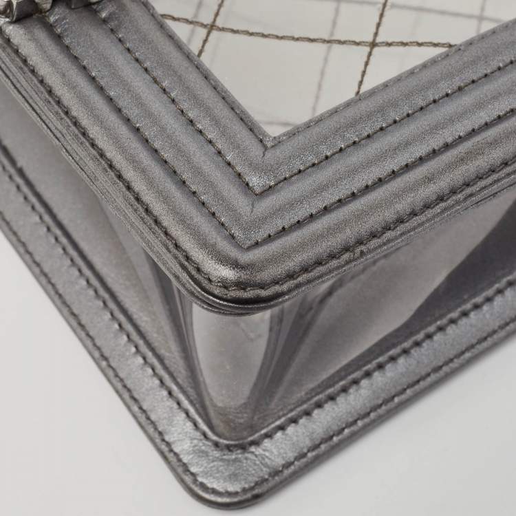 Pre Owned Chanel Grey/Clear Quilted PVC and Leather Small Boy Flap Bag