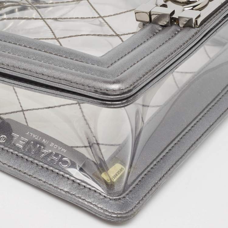 Pre Owned Chanel Grey/Clear Quilted PVC and Leather Small Boy Flap Bag