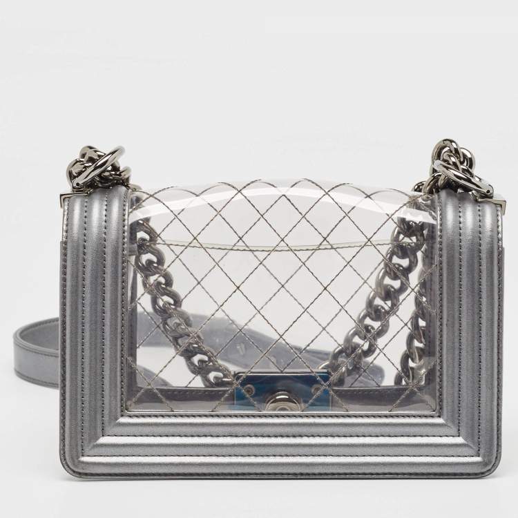 Pre Owned Chanel Grey/Clear Quilted PVC and Leather Small Boy Flap Bag