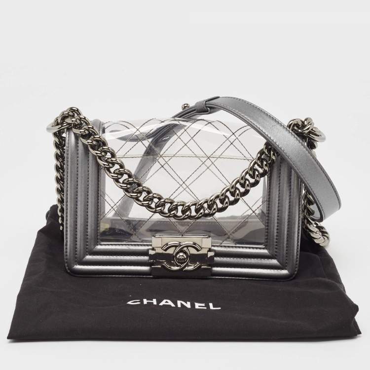 Pre Owned Chanel Grey/Clear Quilted PVC and Leather Small Boy Flap Bag