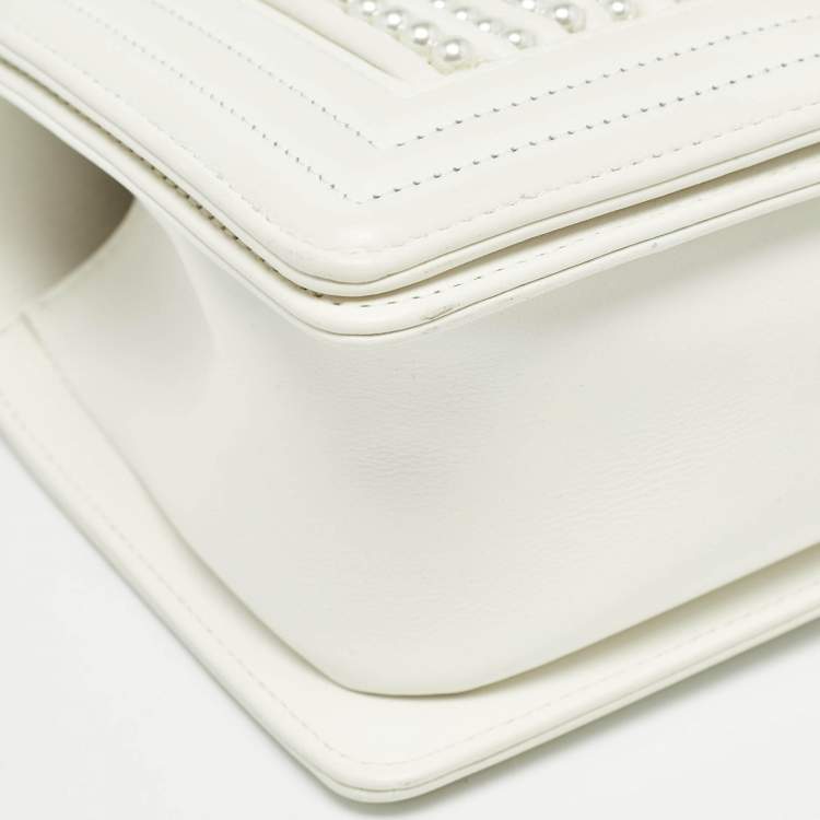 Pre Owned Chanel White Pearl Embellished Leather Medium Boy Flap Bag