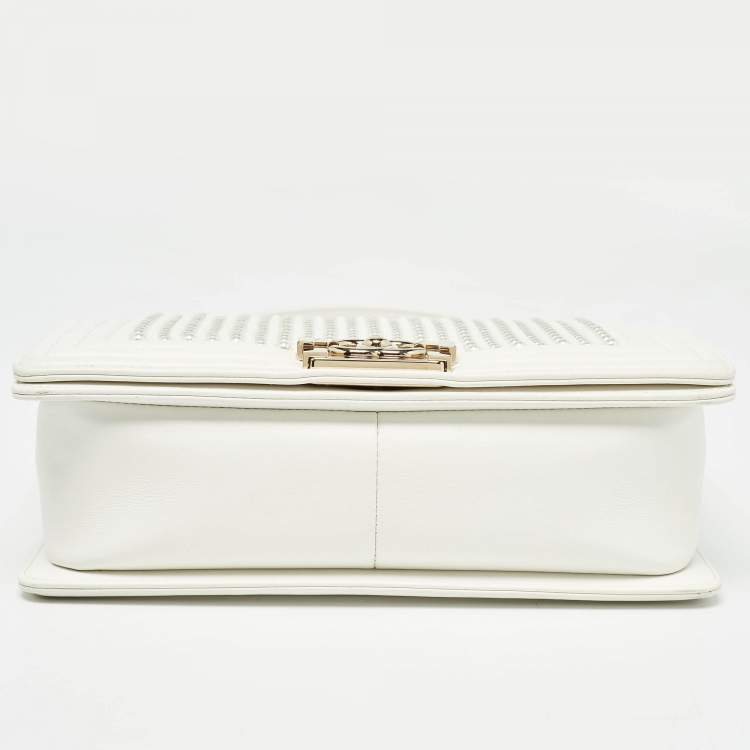 Pre Owned Chanel White Pearl Embellished Leather Medium Boy Flap Bag