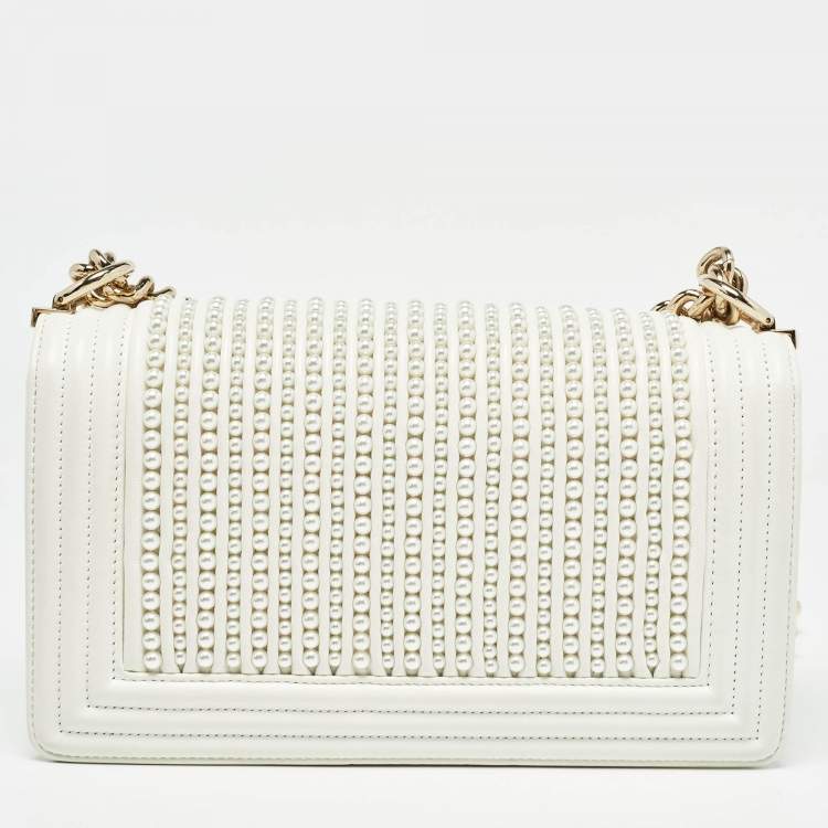 Pre Owned Chanel White Pearl Embellished Leather Medium Boy Flap Bag