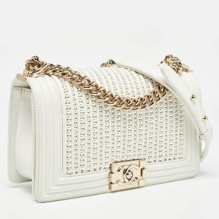 Pre Owned Chanel White Pearl Embellished Leather Medium Boy Flap Bag