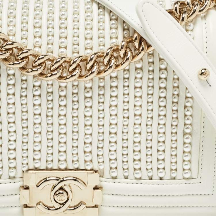 Pre Owned Chanel White Pearl Embellished Leather Medium Boy Flap Bag