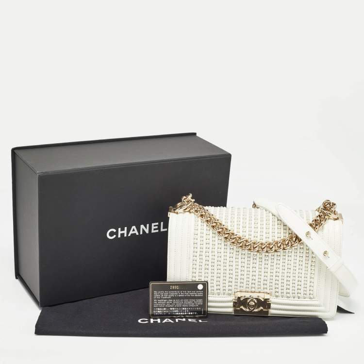 Pre Owned Chanel White Pearl Embellished Leather Medium Boy Flap Bag