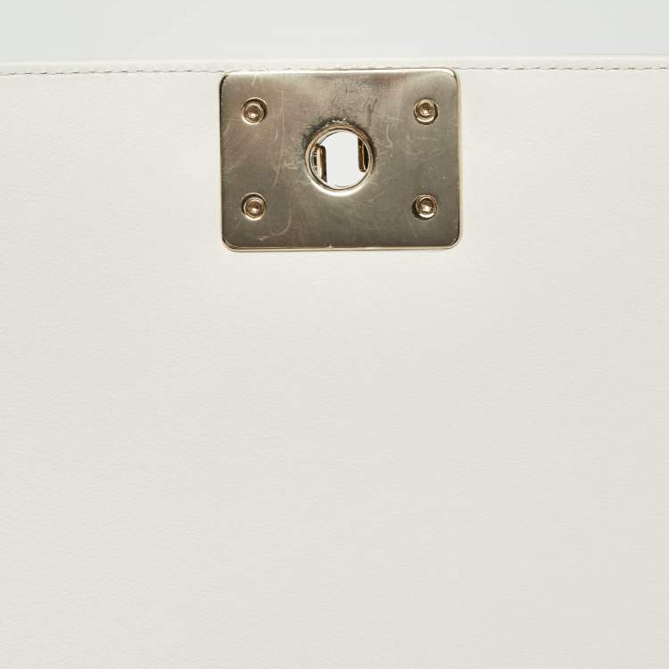Pre Owned Chanel White Pearl Embellished Leather Medium Boy Flap Bag