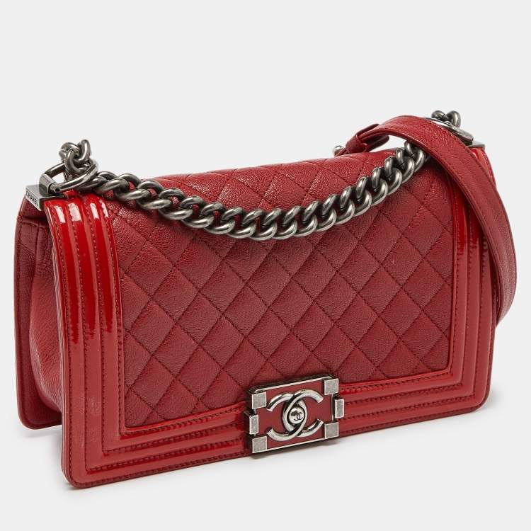 Pre Owned Chanel Red Quilted Leather and Patent Leather Medium Boy Flap Bag