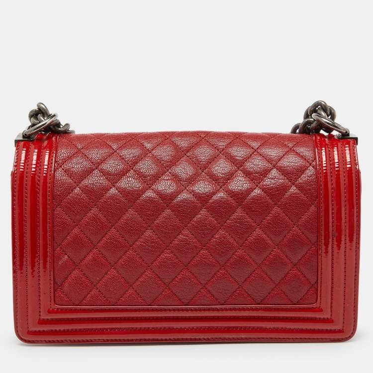 Pre Owned Chanel Red Quilted Leather and Patent Leather Medium Boy Flap Bag