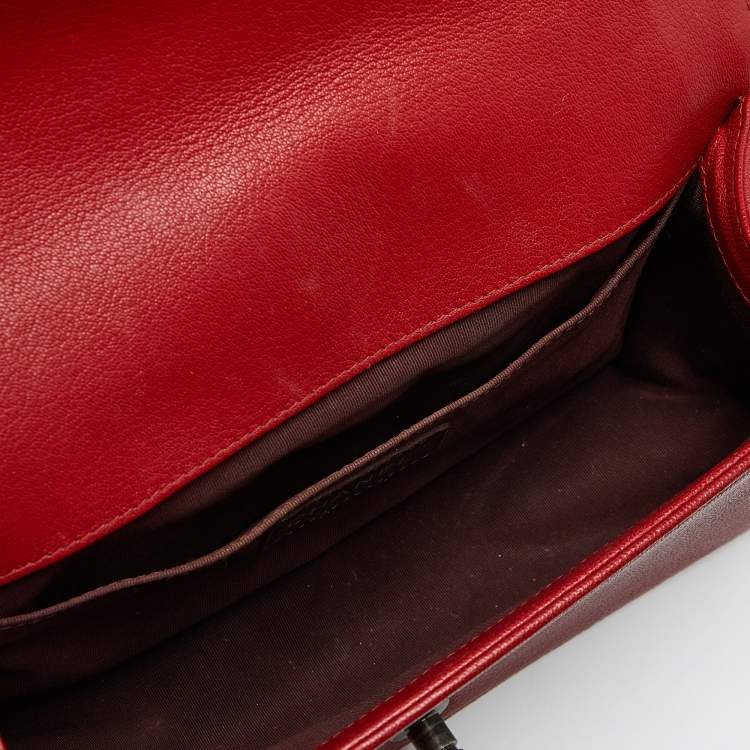 Pre Owned Chanel Red Quilted Leather and Patent Leather Medium Boy Flap Bag