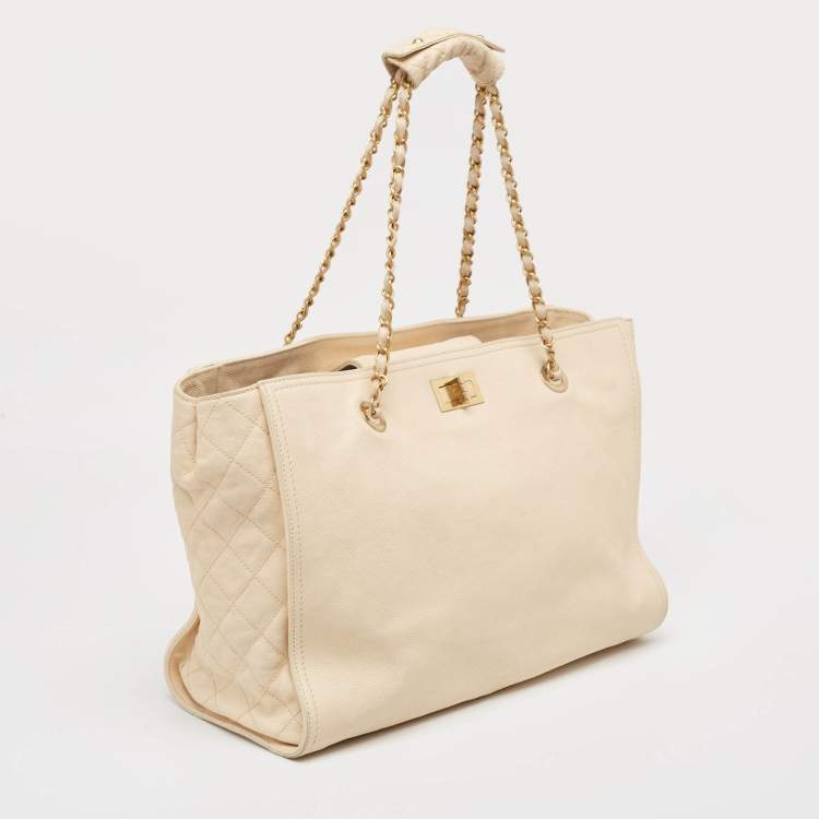 Pre Owned Chanel Beige Caviar Leather Reissue Large Shopper Tote