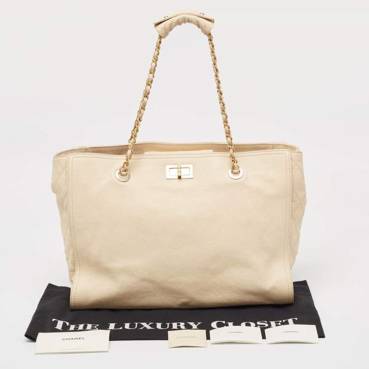 Pre Owned Chanel Beige Caviar Leather Reissue Large Shopper Tote