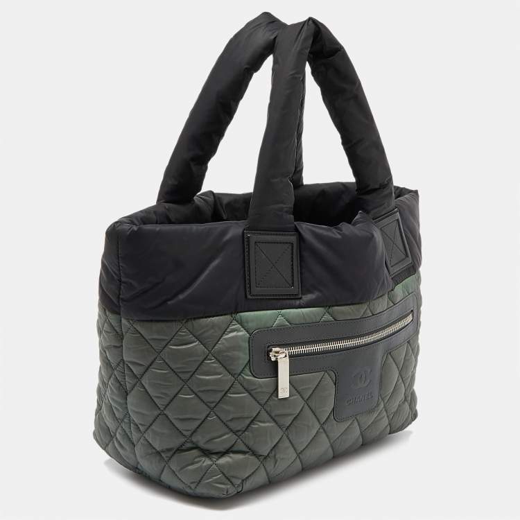Pre Owned Chanel Green/Grey Quilted Nylon Coco Cocoon Tote
