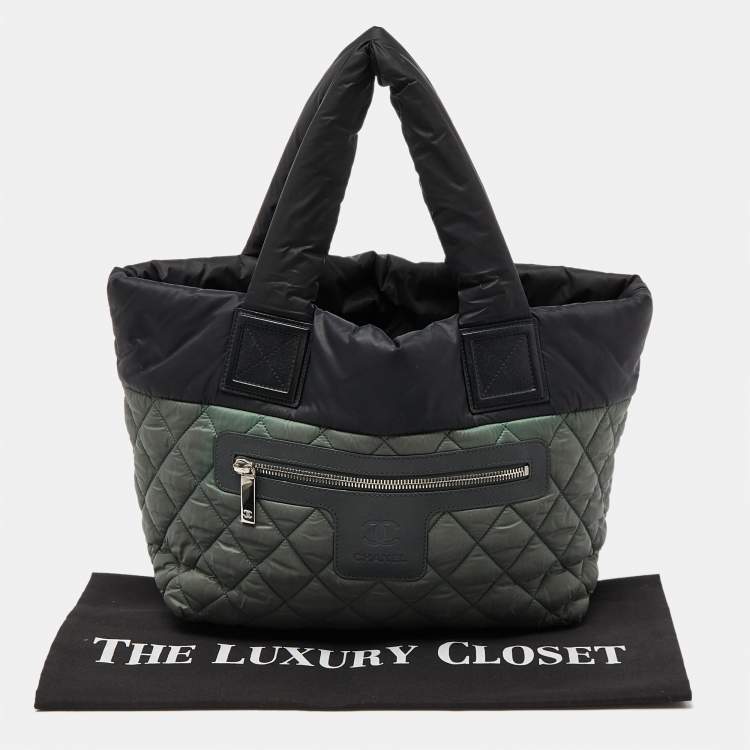 Pre Owned Chanel Green/Grey Quilted Nylon Coco Cocoon Tote