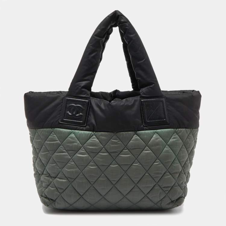 Pre Owned Chanel Green/Grey Quilted Nylon Coco Cocoon Tote