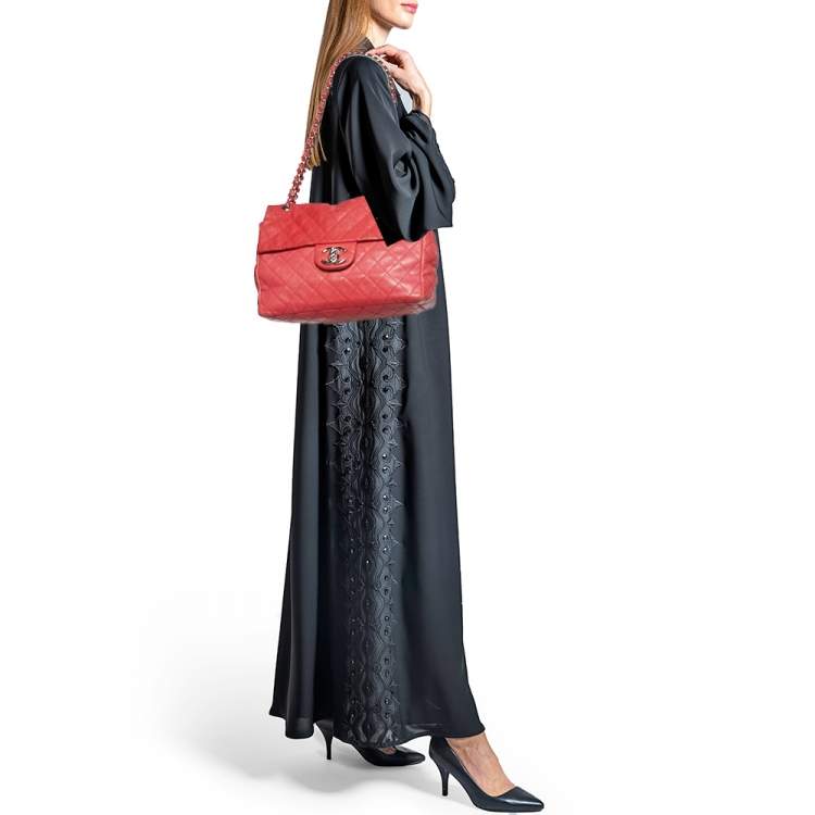 Pre Owned Chanel Red Quilted Leather Maxi Classic Single Flap Bag