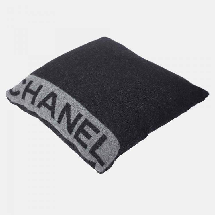 Pre Owned Chanel Black & Grey Wool & Cashmere Logo Pillow