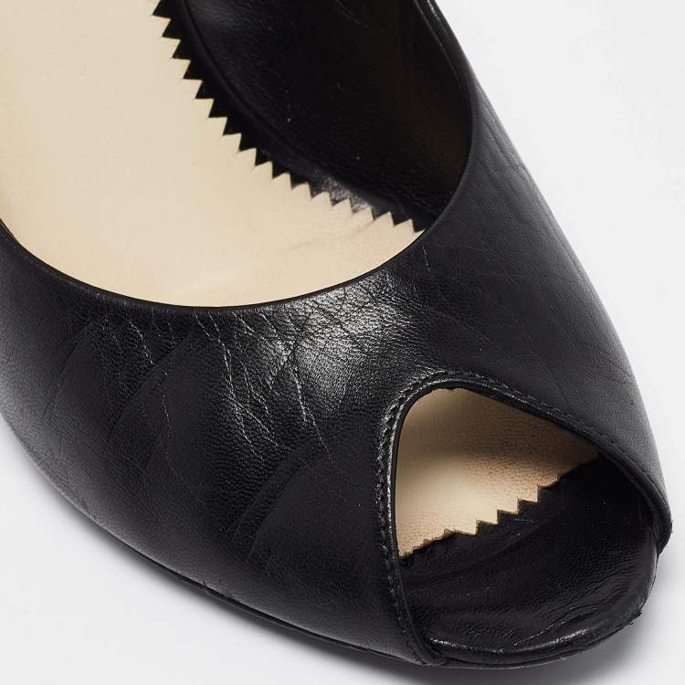 Pre Owned Chanel Black Leather Peep Toe Pumps Size 37.5