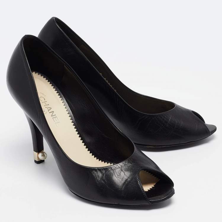 Pre Owned Chanel Black Leather Peep Toe Pumps Size 37.5