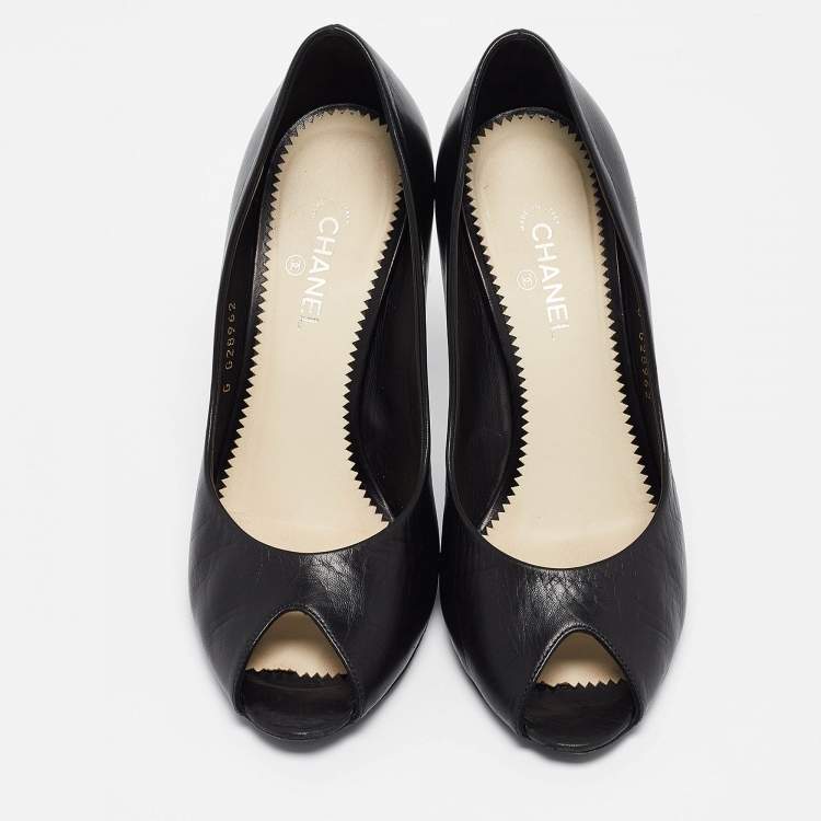 Pre Owned Chanel Black Leather Peep Toe Pumps Size 37.5