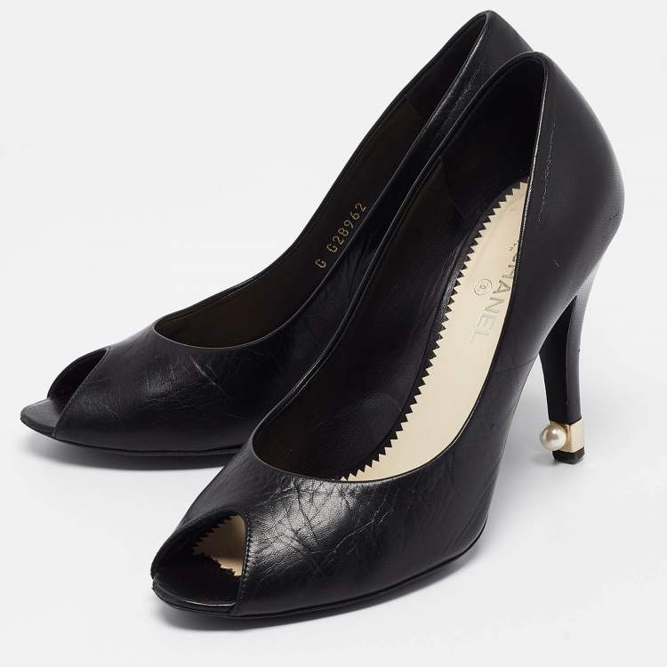 Pre Owned Chanel Black Leather Peep Toe Pumps Size 37.5