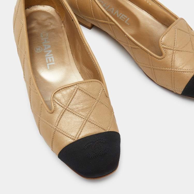 Pre Owned Chanel Beige/Black Quilted Leather Slip On Smoking Slippers Size 38.5