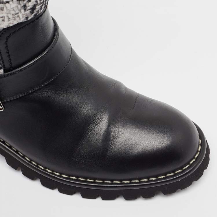 Pre Owned Chanel Black/White Leather and  Nylon Midcalf Boots Size 40