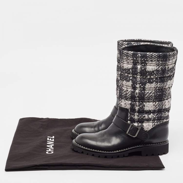 Pre Owned Chanel Black/White Leather and  Nylon Midcalf Boots Size 40