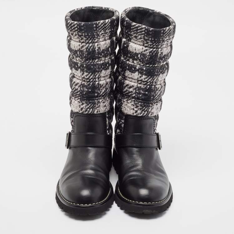 Pre Owned Chanel Black/White Leather and  Nylon Midcalf Boots Size 40