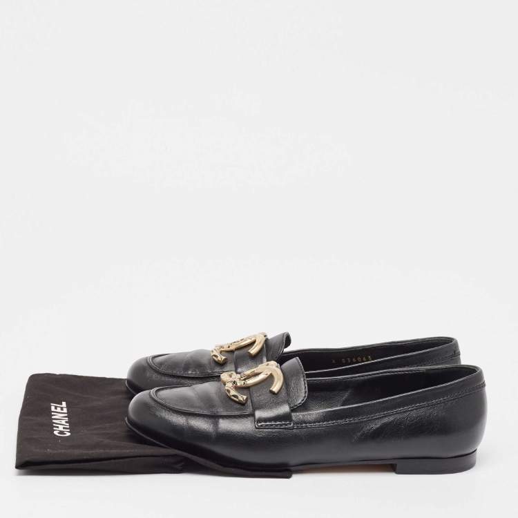Pre Owned Chanel Black Leather CC Loafers Size 38.5