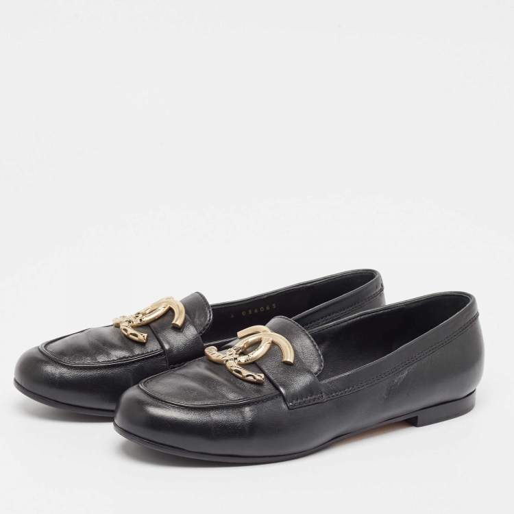 Pre Owned Chanel Black Leather CC Loafers Size 38.5