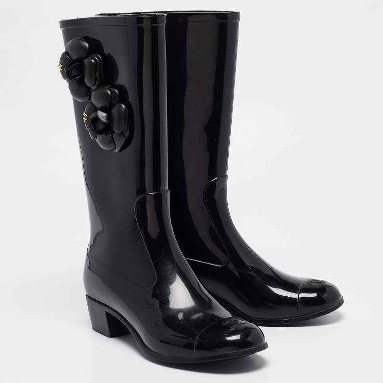Pre Owned Chanel Black Rubber CC Camellia Rain Boots Size 38