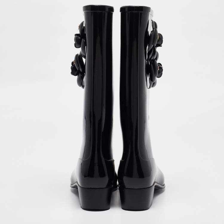 Pre Owned Chanel Black Rubber CC Camellia Rain Boots Size 38