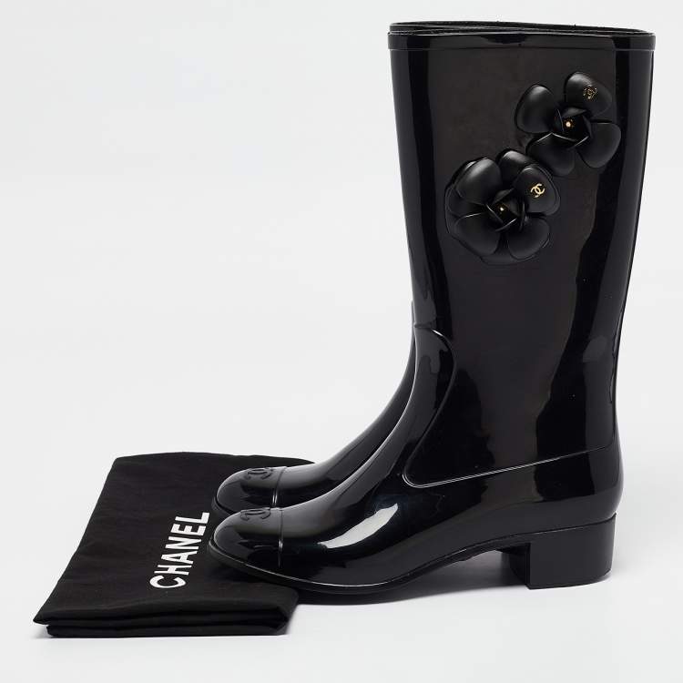 Pre Owned Chanel Black Rubber CC Camellia Rain Boots Size 38