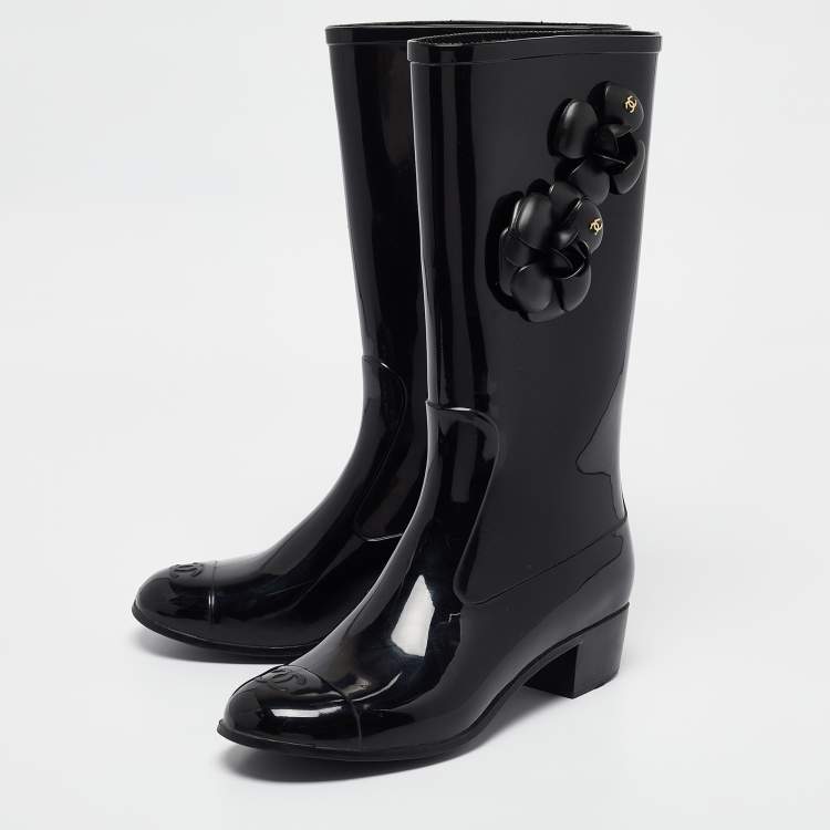 Pre Owned Chanel Black Rubber CC Camellia Rain Boots Size 38
