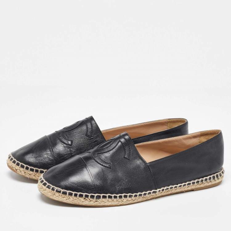 Pre Owned Chanel Black Leather CC  Cap Toe Espadrille Flats Size 39