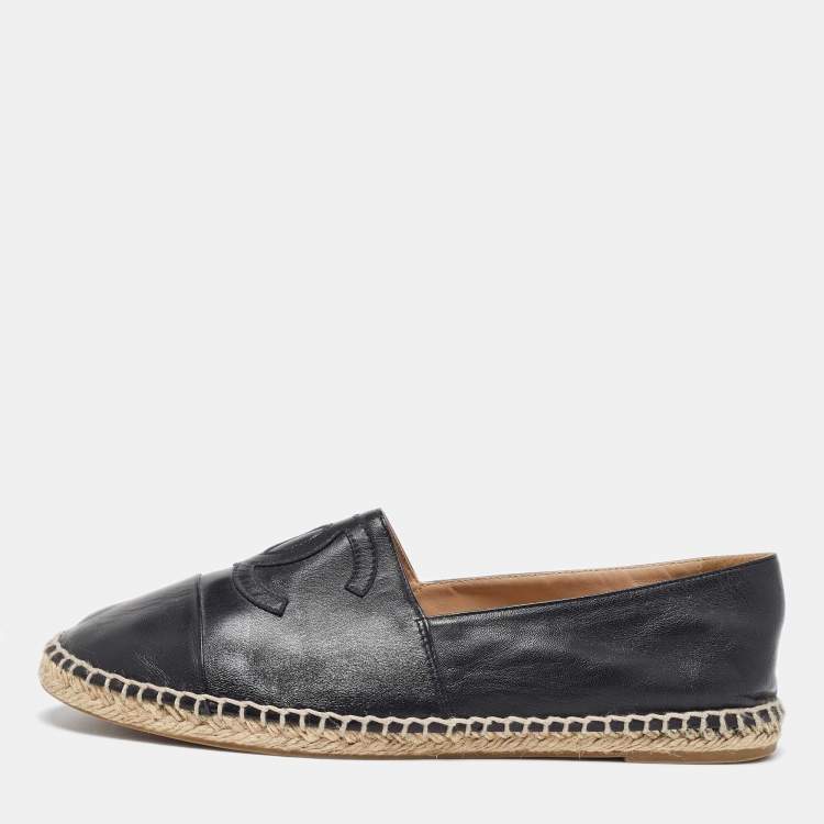 Pre Owned Chanel Black Leather CC  Cap Toe Espadrille Flats Size 39