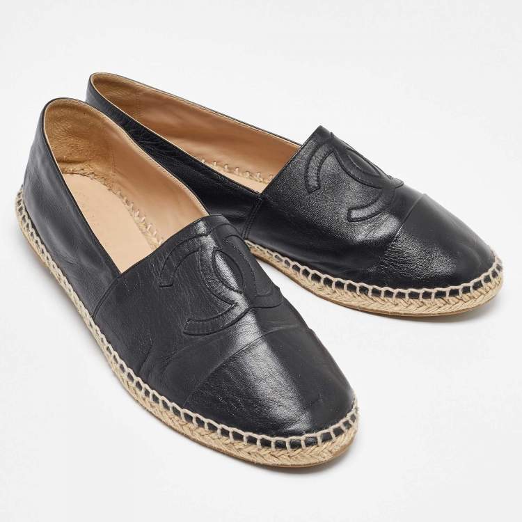 Pre Owned Chanel Black Leather CC  Cap Toe Espadrille Flats Size 39