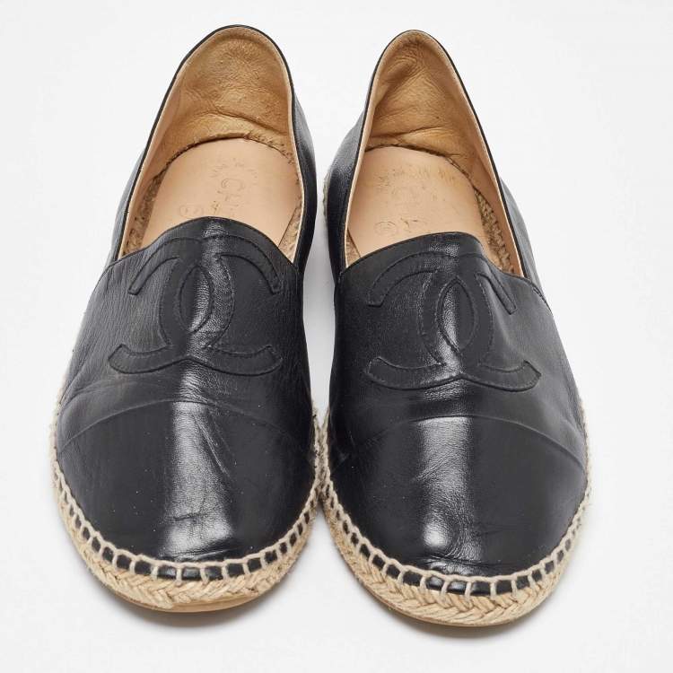 Pre Owned Chanel Black Leather CC  Cap Toe Espadrille Flats Size 39
