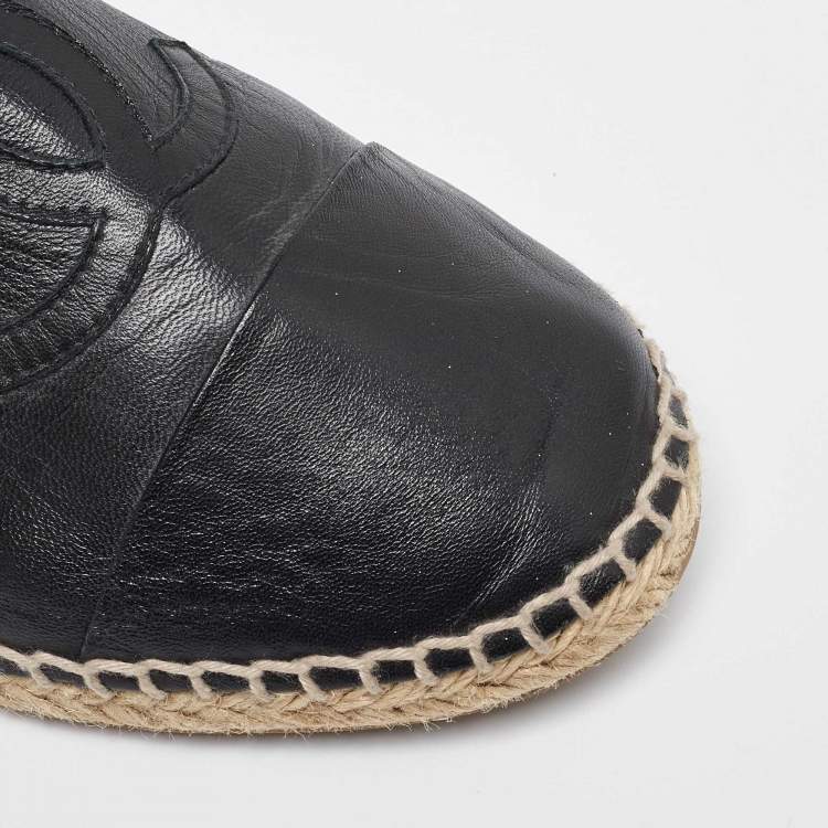 Pre Owned Chanel Black Leather CC  Cap Toe Espadrille Flats Size 39