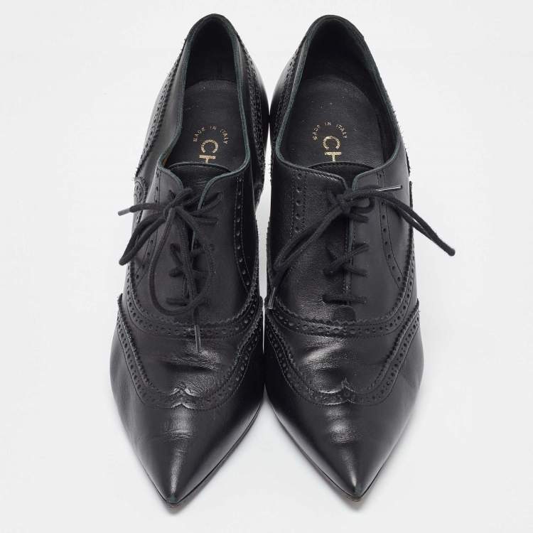 Pre Owned Chanel Black Brogue Leather CC Oxford Booties Size 38.5