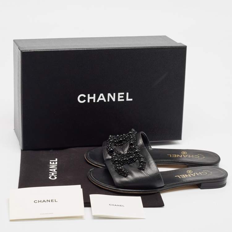 Pre Owned Chanel Black Leather Embellished CC Flat Slides Size 36
