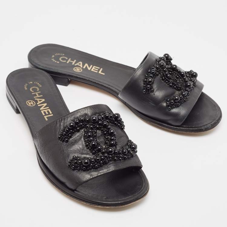 Pre Owned Chanel Black Leather Embellished CC Flat Slides Size 36