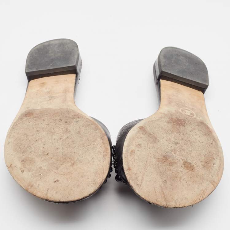 Pre Owned Chanel Black Leather Embellished CC Flat Slides Size 36