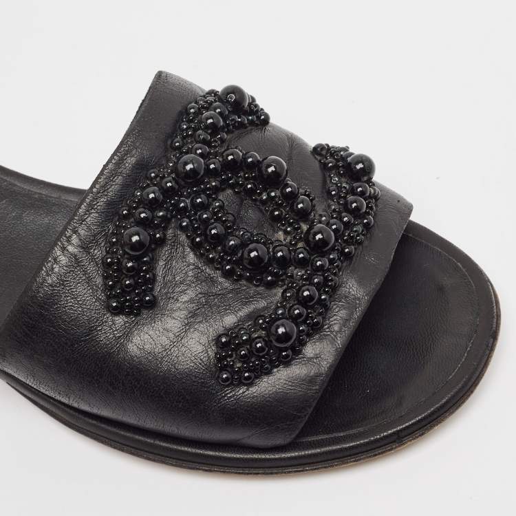 Pre Owned Chanel Black Leather Embellished CC Flat Slides Size 36