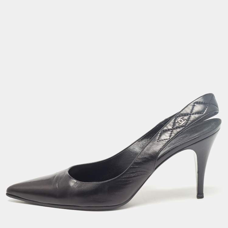 Pre Owned Chanel Black Leather CC Slingback Pumps Size 39