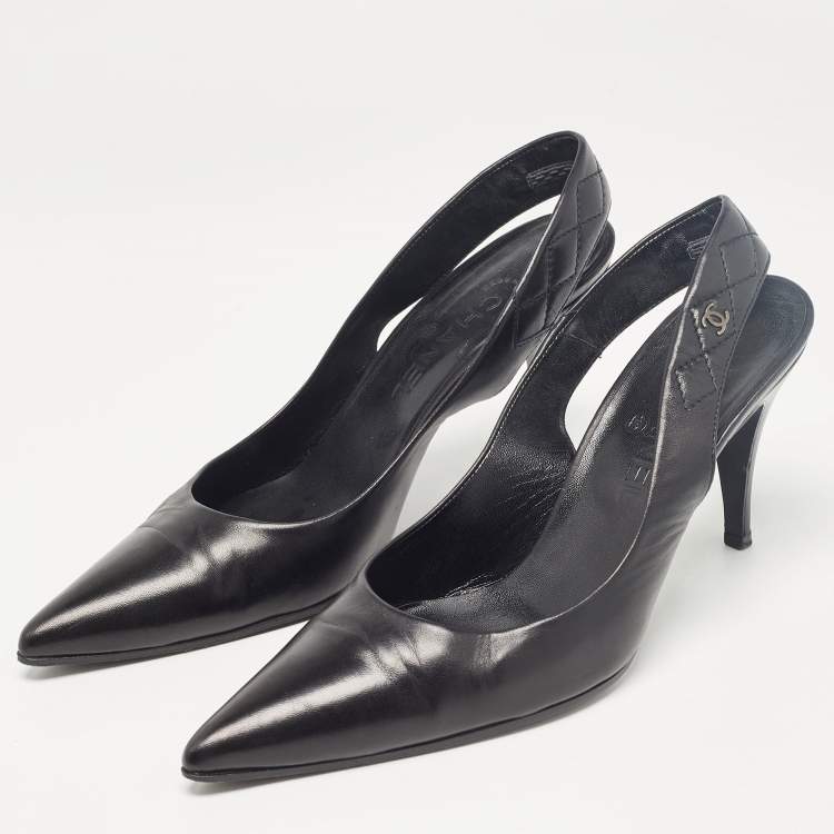 Pre Owned Chanel Black Leather CC Slingback Pumps Size 39