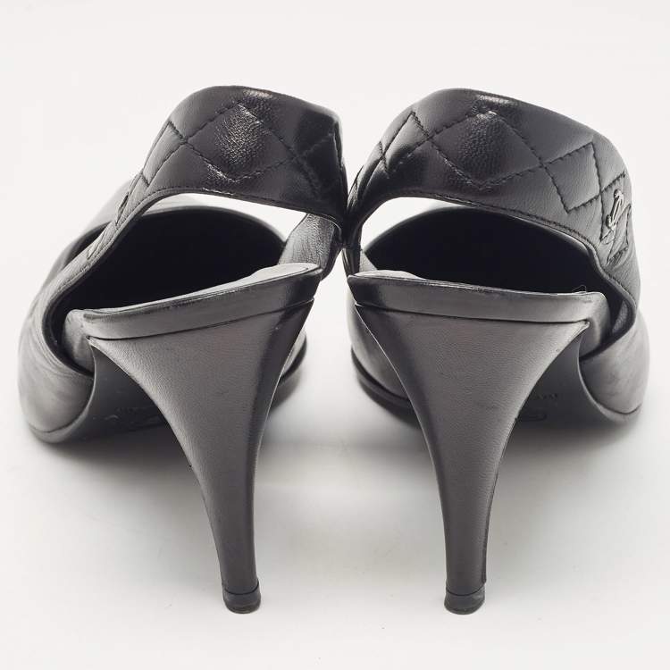 Pre Owned Chanel Black Leather CC Slingback Pumps Size 39