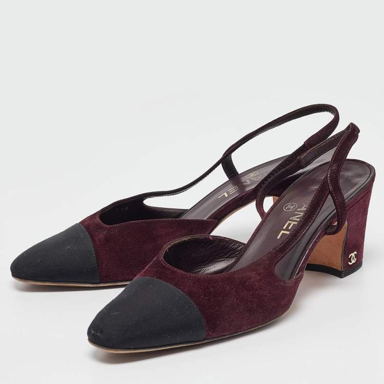 مملوكة مسبقًا Chanel Plum/Black Suede and Fabric CC Slingback Pumps Size 38.5